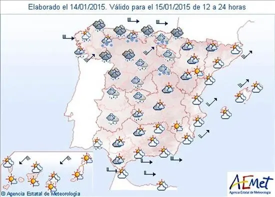 Mapa significativo elaborado por la Agencia Estatal de Meteorología (AEMET) el 14/01/2015 válido para el 15/01/2015 de 12 a 24 horas. EFE