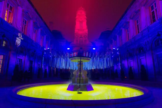 View of Platonium installation by artist Eric Michel et Akari-Lisa Ishii at the city hall during the rehearsal for the Festival of Lights (Fetes des Lumieres) in Central Lyon, France, late December 7, 2016.   REUTERS/Emmanuel Foudrot